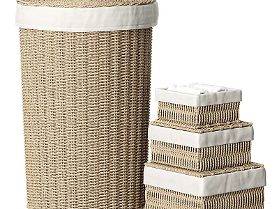 Woven Rattan Laundry Basket With Stackable Storage Boxes And White Trim 3d model