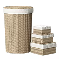 Woven Rattan Laundry Basket With Stackable Storage Boxes And White Trim