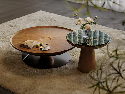 Modern Round Wooden Coffee Table With Flower Vase And Books On Carpet 3d model