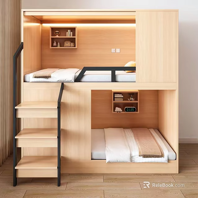 Wooden Bunk Bed With Upper Lower Beds Step Ladder And Storage Shelves 3d model 
