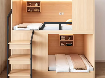 Wooden Bunk Bed With Upper Lower Beds Step Ladder And Storage Shelves 3d model