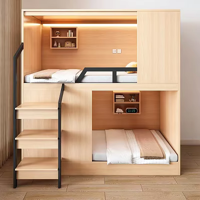 Wooden Bunk Bed With Upper Lower Beds Step Ladder And Storage Shelves 3d model
