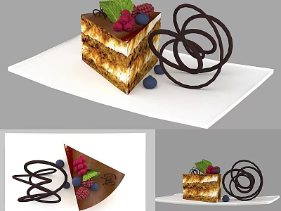 Layered Dessert Cake With Chocolate Swirls And Fresh Berries On White Plate 3d model