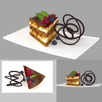 Layered Dessert Cake With Chocolate Swirls And Fresh Berries On White Plate 3d model