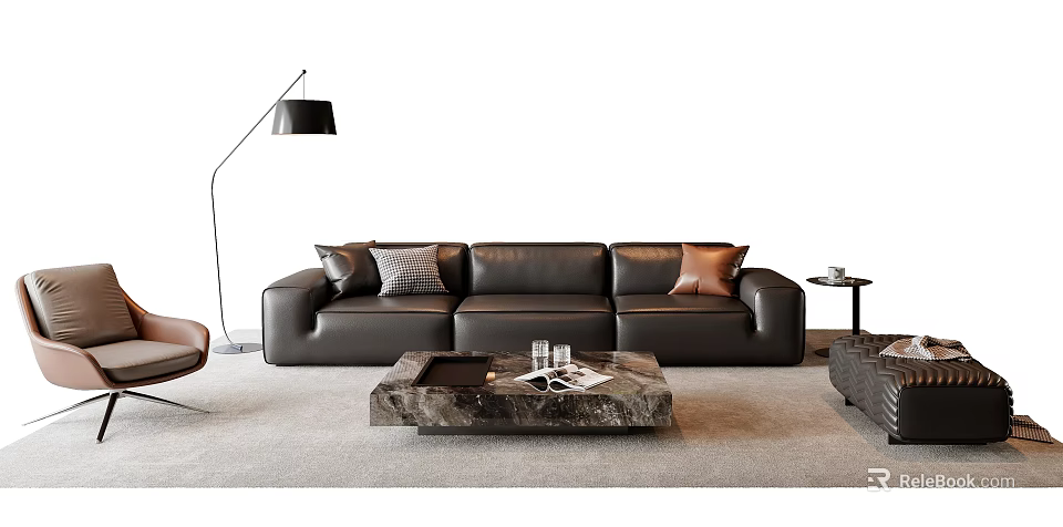 Modern Leather Sofa And Marble Coffee Table Set With Decorative Pillows And Floor Lamp 3d model 