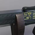Traditional Sword With Black Blade Green And Gold Hilt On Wooden Stand With Carved Characters