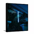 Vibrant Botanical Painting With Palm Leaves Neon Light Dark Blue Sky And Iron Railing