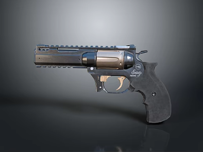 Metallic Revolver Weapon With Black Body And Golden Accents On Dark Background 3d model