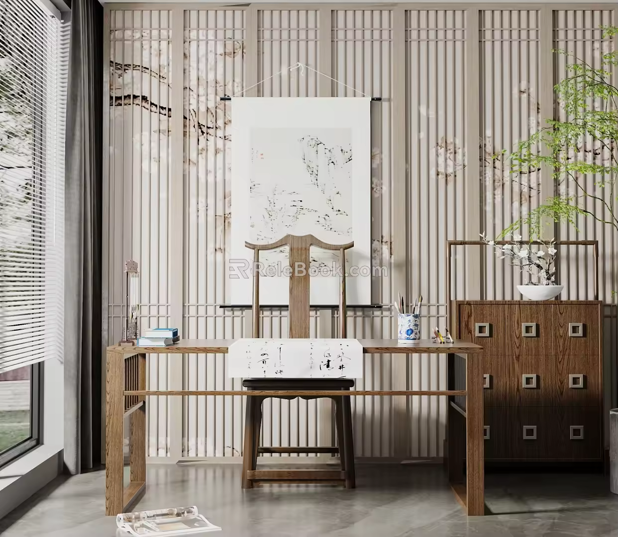 New Chinese Style Desk and Chair Desk and Chair Combination 3d model
