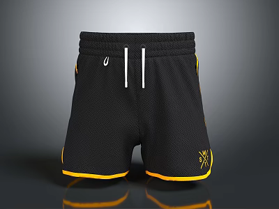 Black Mesh Sports Shorts With Yellow Trim Drawstring And Emblem Design 3d model