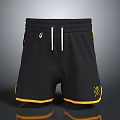 Black Mesh Sports Shorts With Yellow Trim Drawstring And Emblem Design