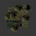 Cartoon Scene With Green Trees Small House Red And Blue Cars And Stairs