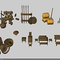 Medieval Wooden Scenery Components With Weapons Tools Furniture Barrels Carts Benches Shields And Farm Implements