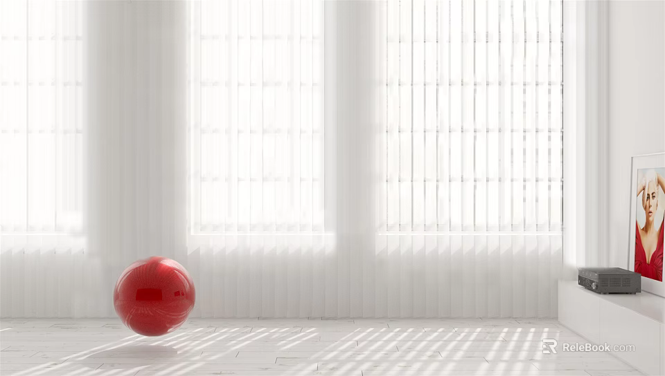 Bright Indoor Room With White Venetian Blinds Red Ball And Sunlight Shadows 3d model 