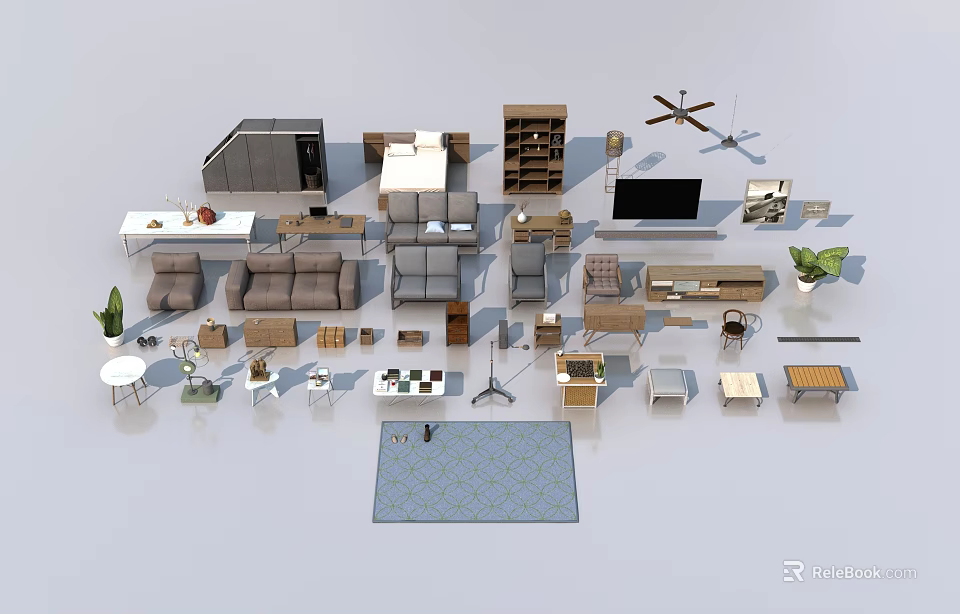 Modern Sofa and Coffee Table Set Interior With Bookshelf and Decorative Plants 3d model