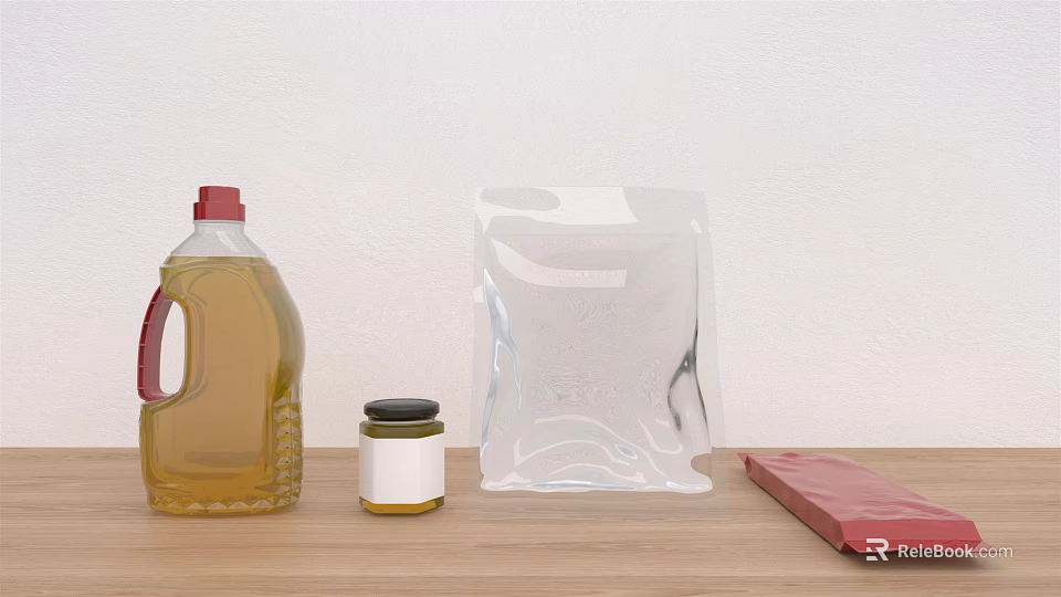 Spice Bottles Oil Container Small Jar And Red Cloth On Wooden Tabletop With White Wall 3d model 