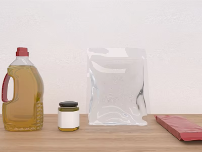 Spice Bottles Oil Container Small Jar And Red Cloth On Wooden Tabletop With White Wall 3d model
