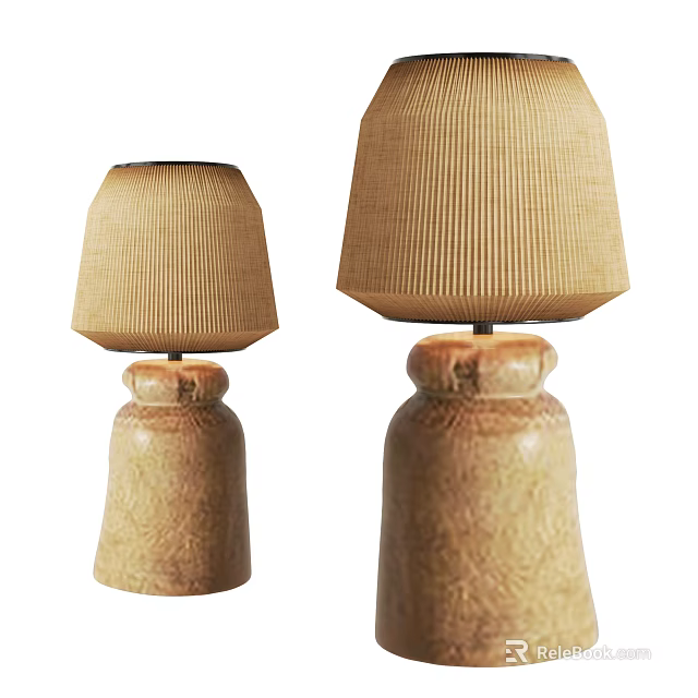 Pair of Decorative Beige Ribbed Lampshade Table Lamps with Textured Ceramic Bases 3d model 