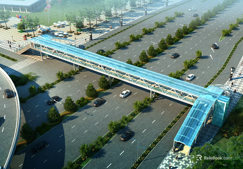 Modern Pedestrian Bridge With Transparent Roof Crossing Road With Vehicular Traffic And Greenery 3d model 