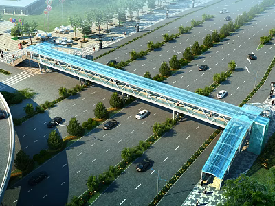 Modern Pedestrian Bridge With Transparent Roof Crossing Road With Vehicular Traffic And Greenery 3d model