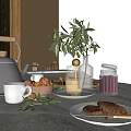 Modern Food Dining Table Bar Counter Sideboard Accessories Ornaments Combination Fruit Plate Walnut Teapot Jam Green Plant 3d model