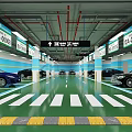 Modern Indoor Parking Garage With Directional Signage Green Flooring Yellow Speed Bumps And Parked Cars