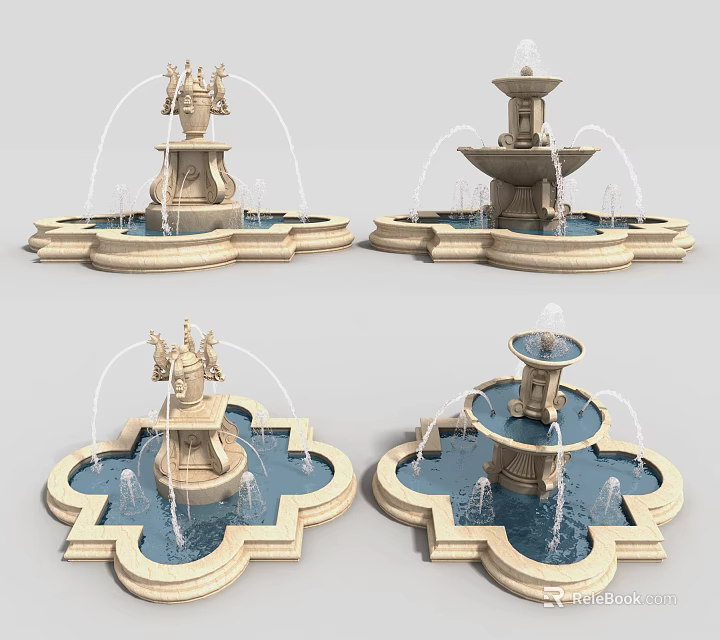 Ornamental Garden Fountains With Tiered Stone Structures And Various Decorative Designs 3d model 