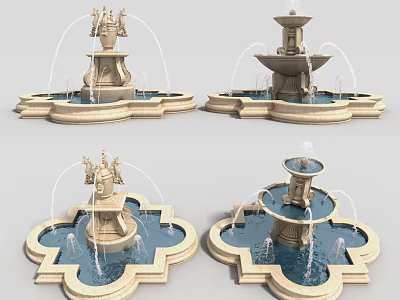 Ornamental Garden Fountains With Tiered Stone Structures And Various Decorative Designs 3d model