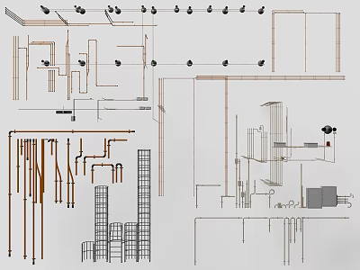 Detailed Architectural Line Drawings Featuring Structural Frames Pipes And Design Elements 3d model