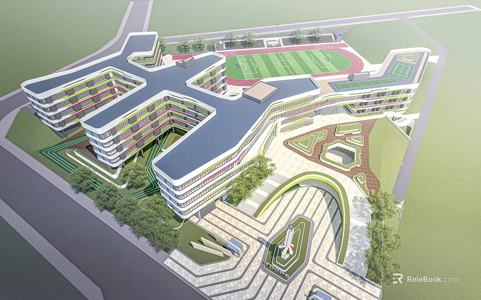 Modern School Building Complex With Multi storey Structure Football Field Track Green Areas And Trees 3d model 