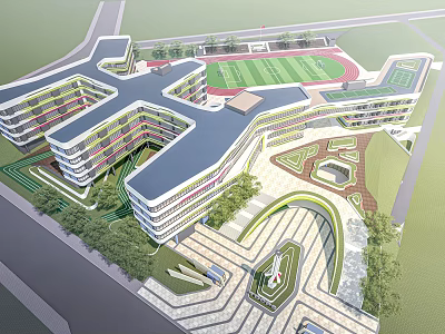 Modern School Building Complex With Multi storey Structure Football Field Track Green Areas And Trees 3d model
