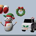 Christmas Decorative Elements With Snowman Green Hat Red White Yellow Balloons Wreath And White Car