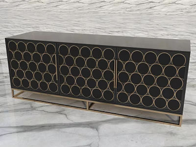 Stylish Modern Black TV Stand With Gold Circular Patterns And Metal Frame Design 3d model