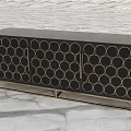 Stylish Modern Black TV Stand With Gold Circular Patterns And Metal Frame Design