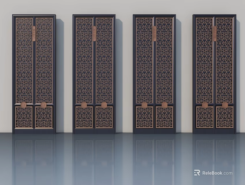 Traditional Chinese Hinged Doors With Intricate Carved Patterns And Bronze Accents 3d model 