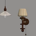 Vintage Wooden Wall Sconce And Pendant With Cream Pleated Shades On Light Wall