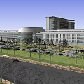 Modern Building Complex With Green Landscape Trees And Red Car On Road