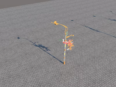 Outdoor Light with Yellow and White Pole Curved Arm and Yellow Fixture on Paved Ground 3d model