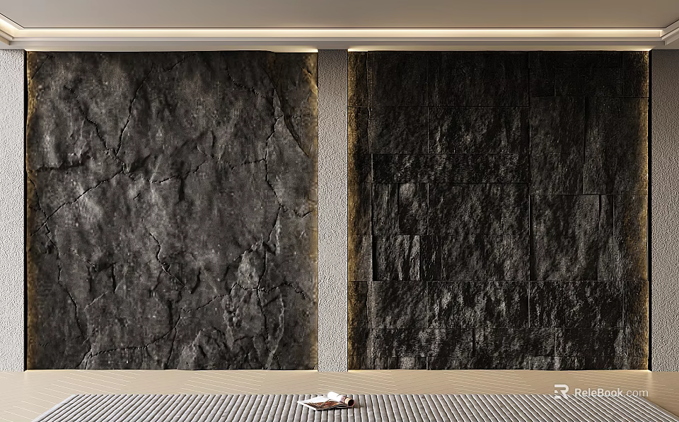 Textured Dark Stone Background Wall With Modern Lighting And Decorative Panel 3d model