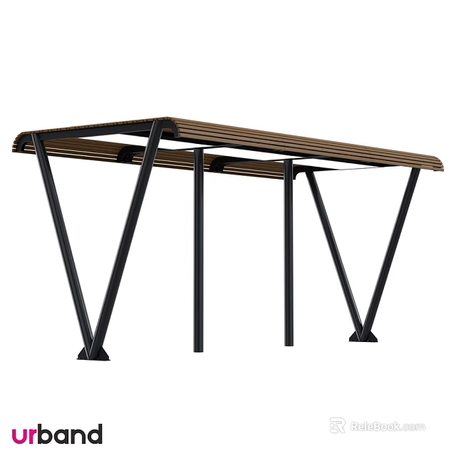 Ground Placed Outdoor Bench With Wooden Slat Seat And Black Metal Frame 3d model 