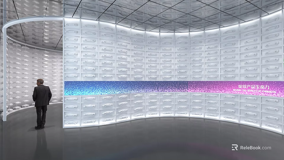 Contemporary Curved Wall Design With Neatly Arranged Compartments Colorful Light Strip And Midea Branding 3d model 