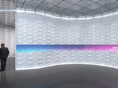 Contemporary Curved Wall Design With Neatly Arranged Compartments Colorful Light Strip And Midea Branding 3d model