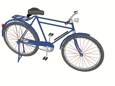 Classic Blue Bicycle With Black Seat Rear Rack Front Light And Spoked Wheels 3d model