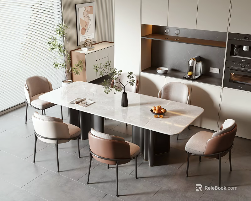 Modern Table and Chair Set With Marble Tabletop And Light Colored Chairs In Kitchen Area 3d model 