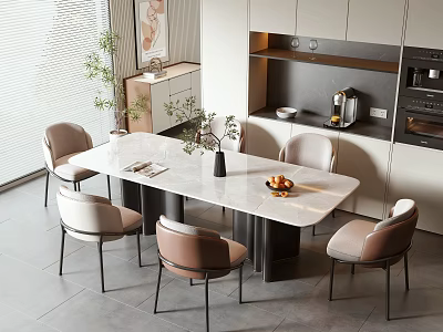 Modern Table and Chair Set With Marble Tabletop And Light Colored Chairs In Kitchen Area 3d model