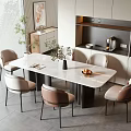 Modern Table and Chair Set With Marble Tabletop And Light Colored Chairs In Kitchen Area