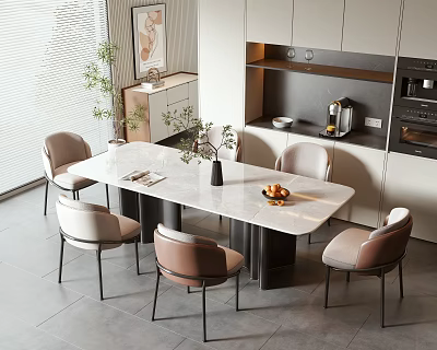 Modern Table and Chair Set With Marble Tabletop And Light Colored Chairs In Kitchen Area 3d model