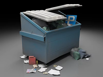 Blue Dumpster With Open Lid And Trash Inside Scattered Papers Bottles Around 3d model