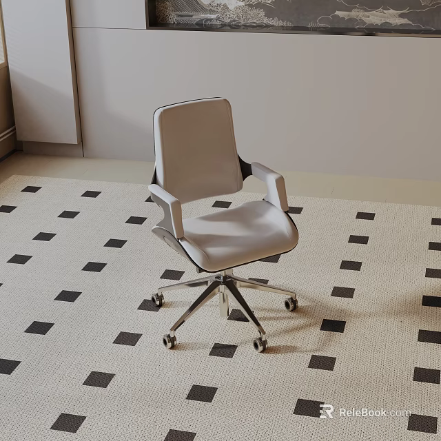 Modern Light Gray Leisure Chair With Armrests And Metal Wheeled Base On Checkerboard Rug 3d model 
