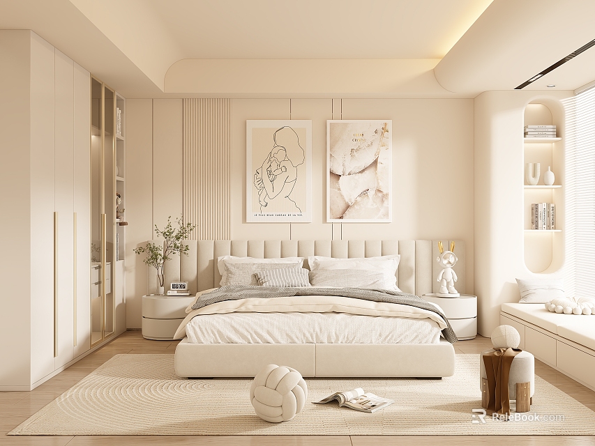 Modern Minimalist Bedroom Interior Design With Neutral Beige Double Bed Wall Art And Storage Cabinets 3d model 